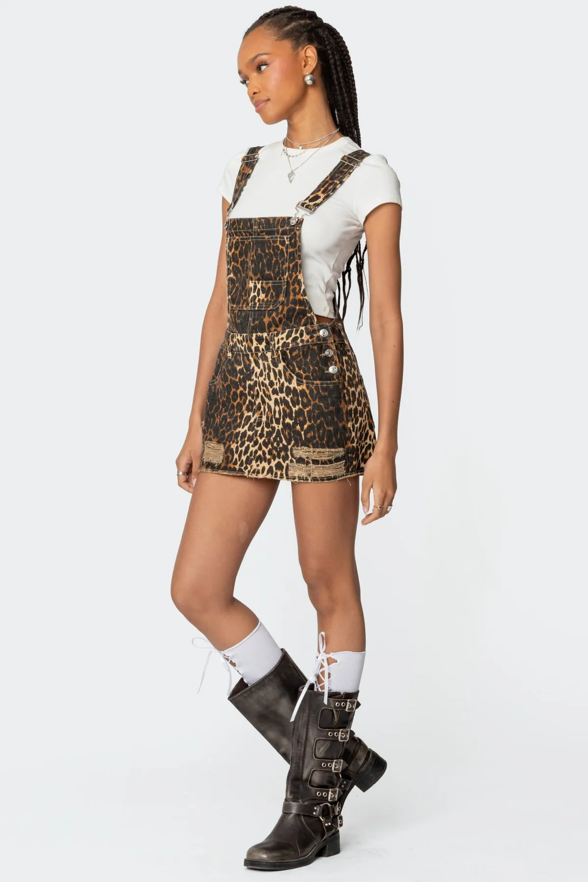 Leopard Denim Overall Mini Dress sold by Edikted product image thumbnail 3