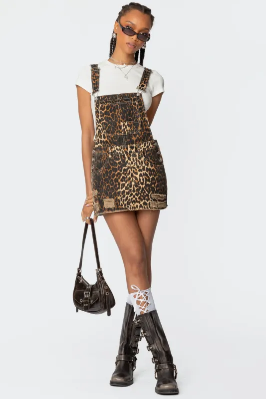 Leopard Denim Overall Mini Dress sold by Edikted