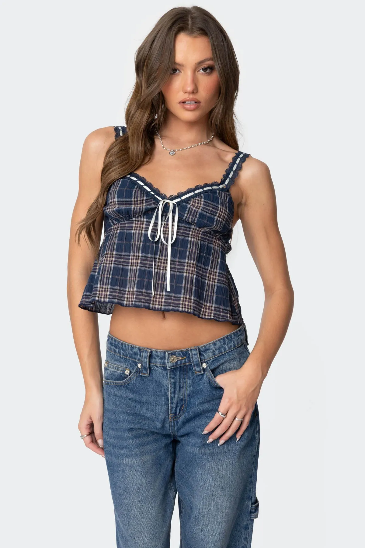 Plaid Lace Trim Tank Top sold by Edikted