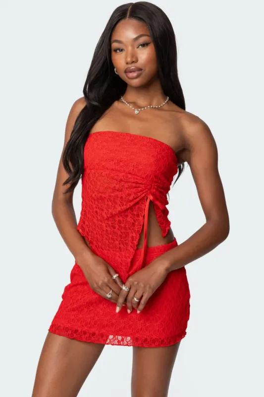 Amara Asymmetric Textured Lace Tube Top sold by Edikted