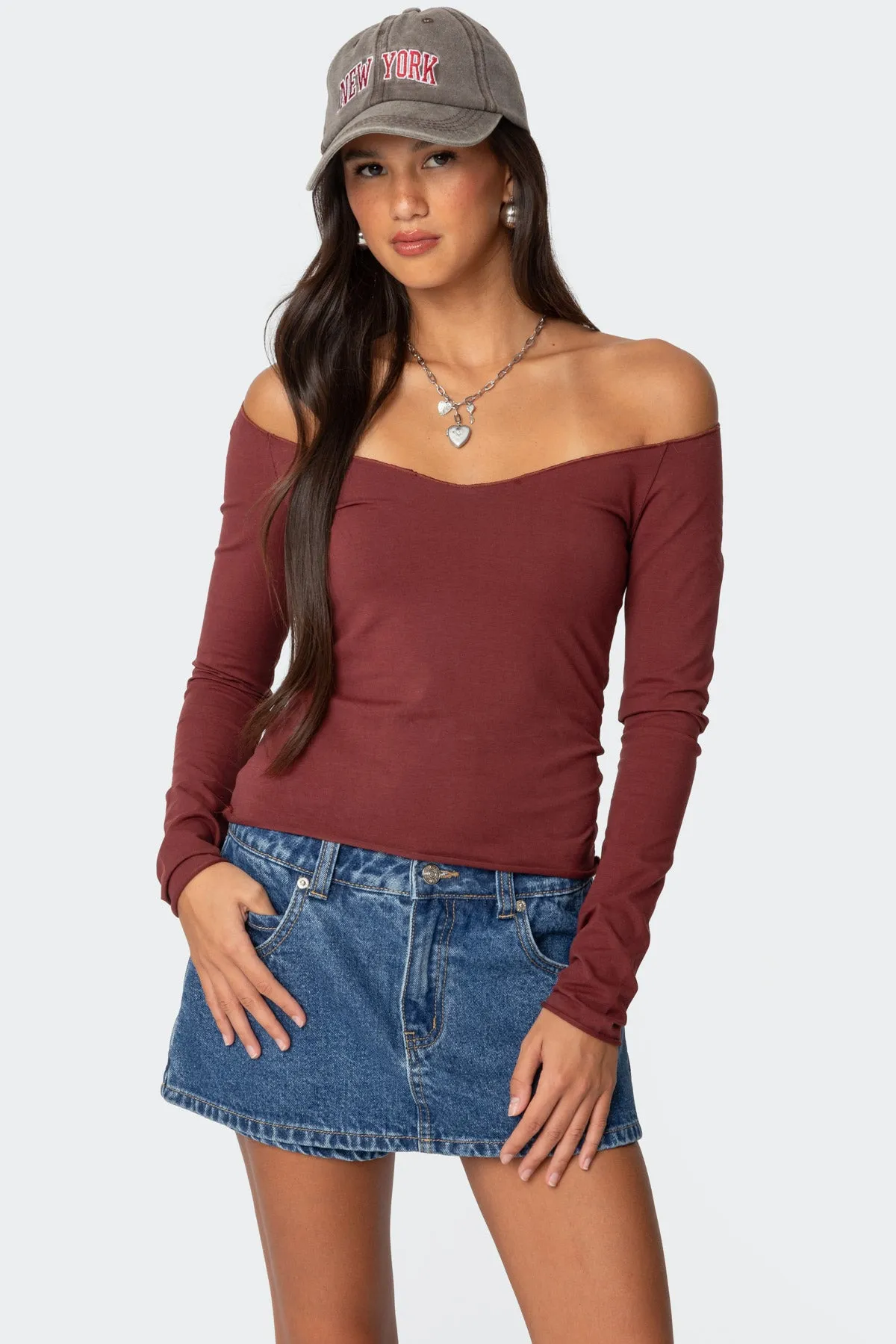 Nattie Off Shoulder V Neck Top sold by Edikted