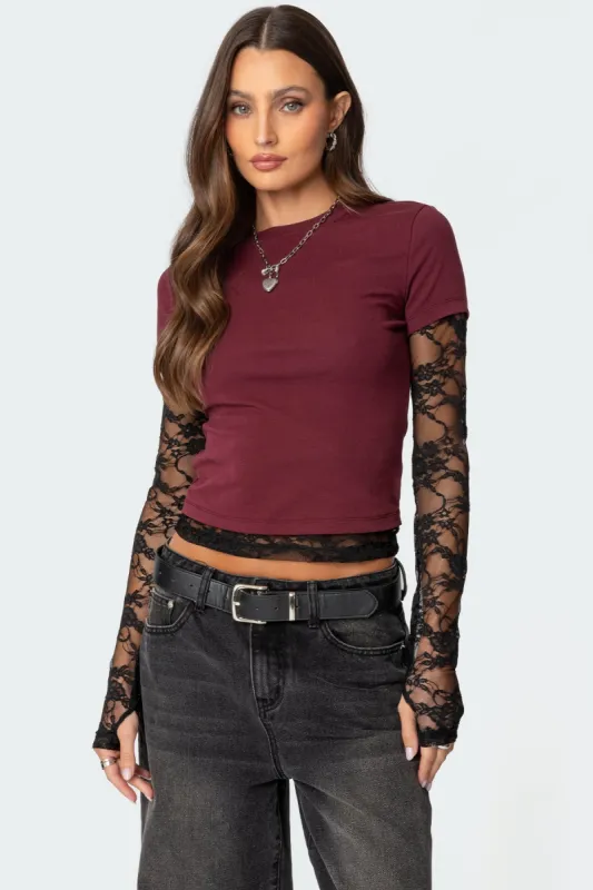 Layered Lace Sleeve T Shirt sold by Edikted