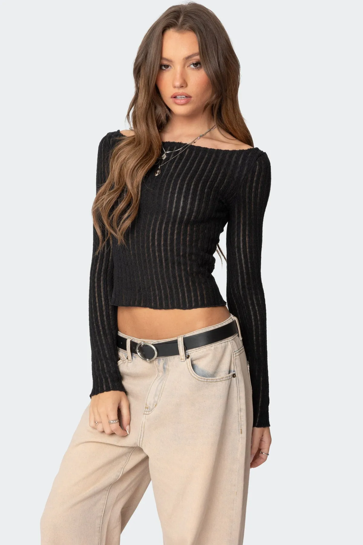Textured Sheer Boat Neck Top sold by Edikted product image thumbnail 3