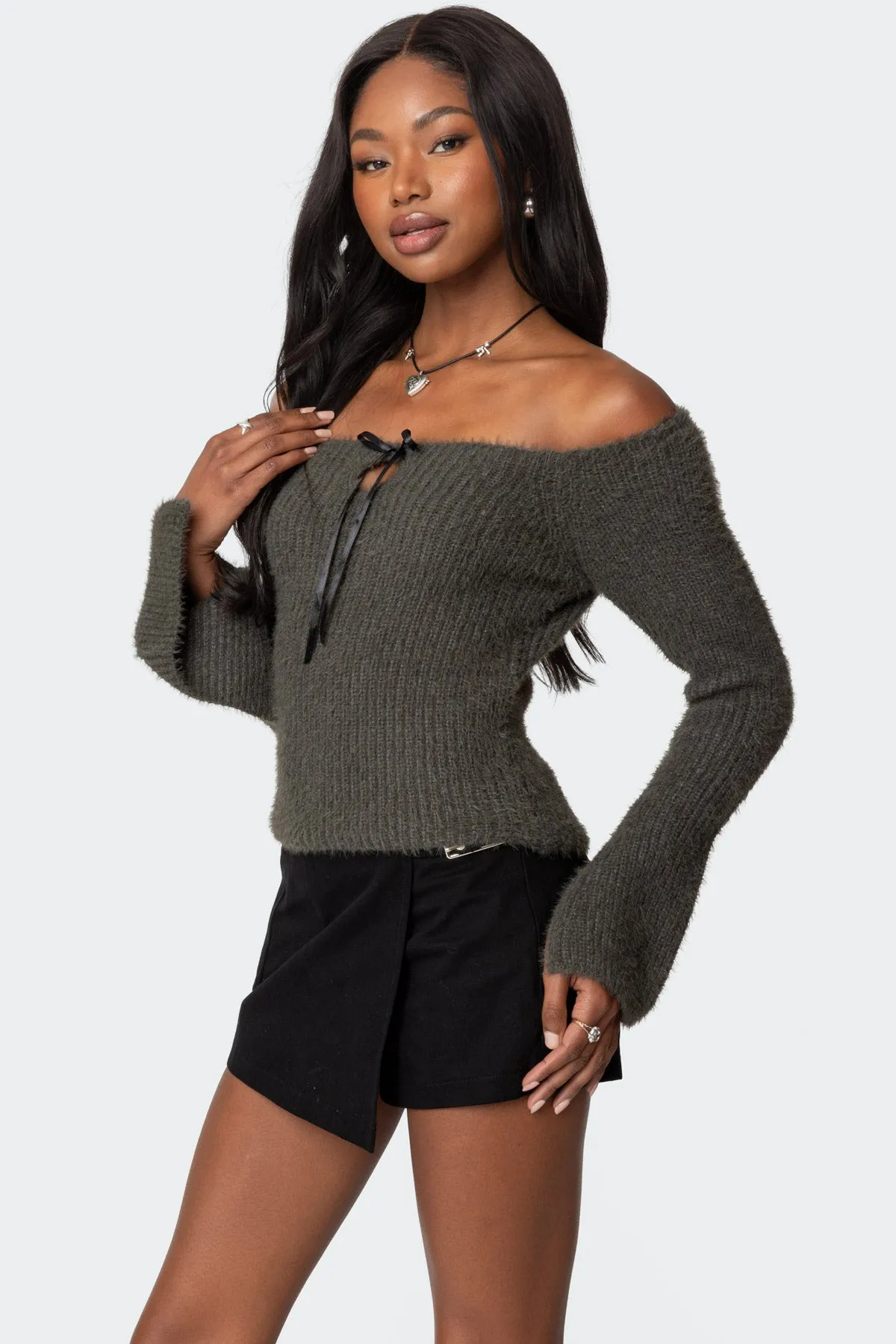 Keyhole Off Shoulder Ribbed Knit Top sold by Edikted product image thumbnail 3
