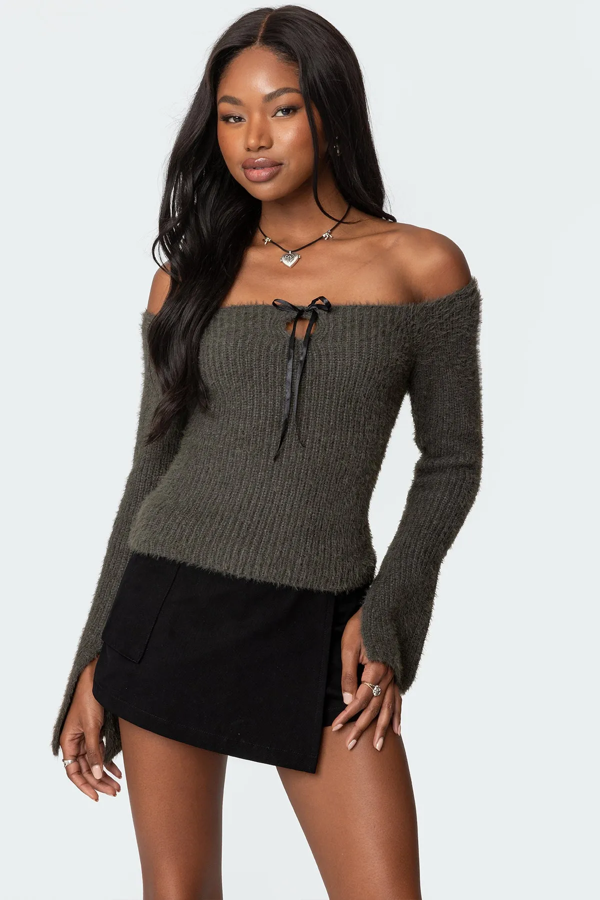 Keyhole Off Shoulder Ribbed Knit Top sold by Edikted