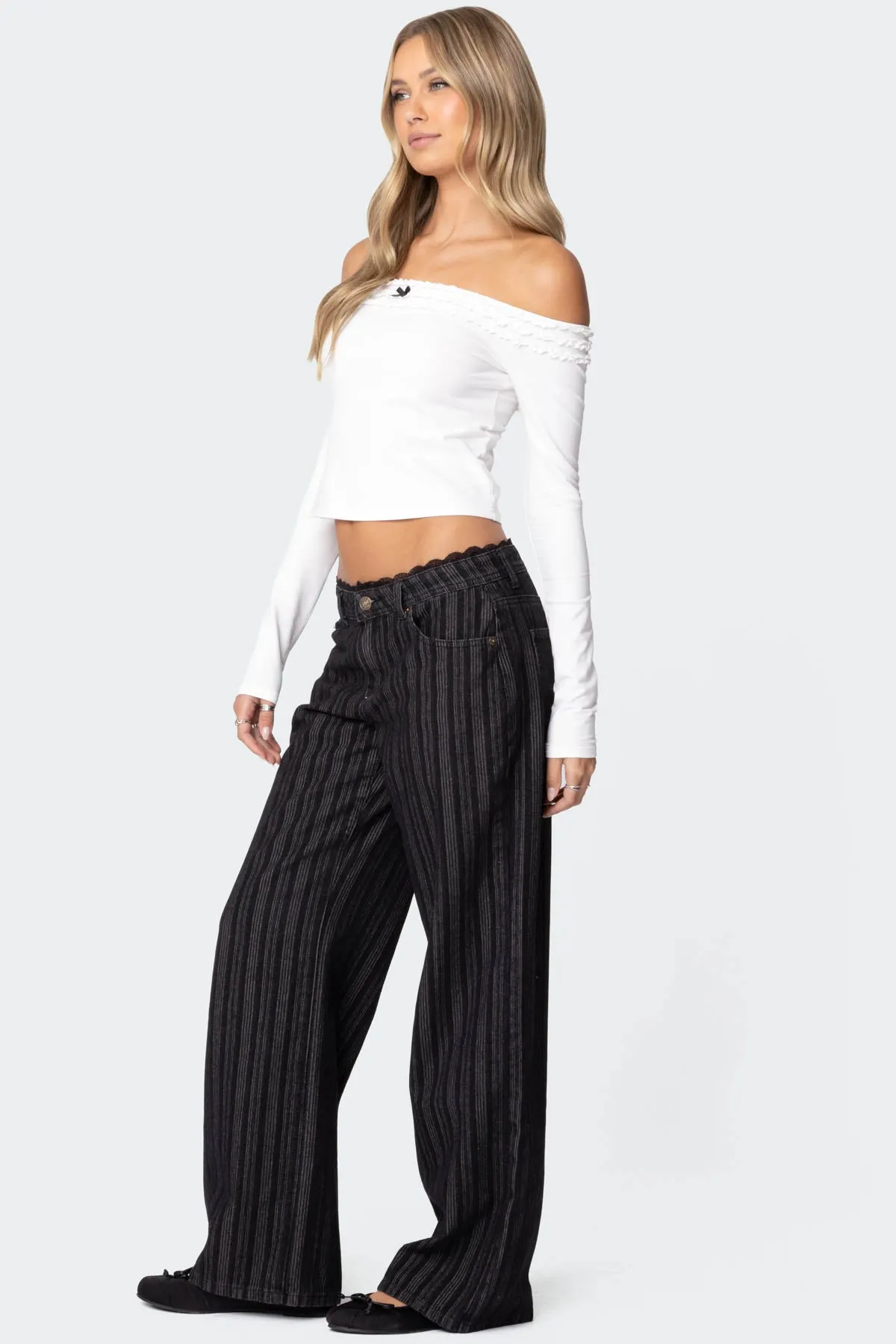 Lace Trim Striped Low Rise Baggy Jeans sold by Edikted product image thumbnail 3