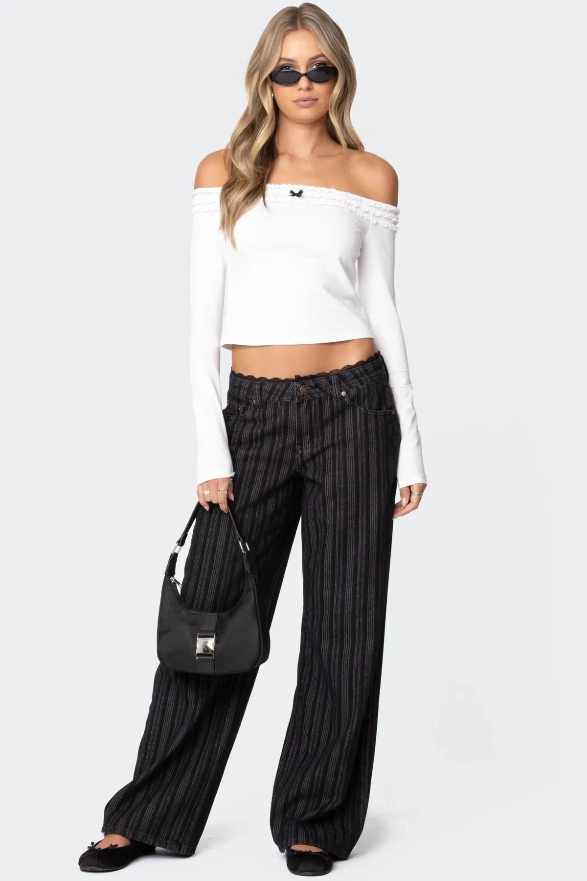Lace Trim Striped Low Rise Baggy Jeans sold by Edikted