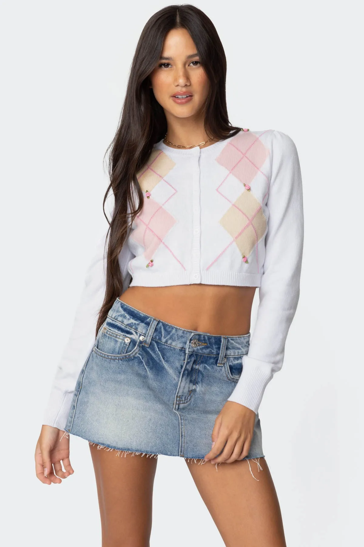 Francis Cropped Argyle Knit Cardigan sold by Edikted