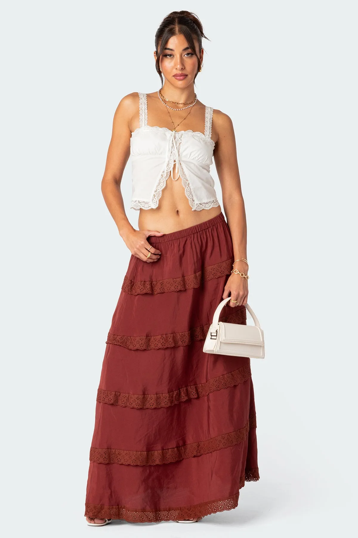 Tiered Lace Trim Maxi Skirt sold by Edikted