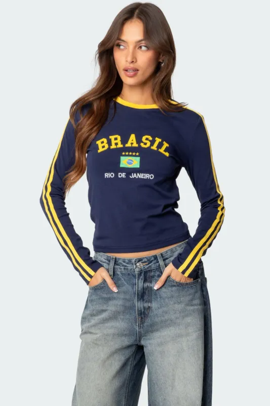 Brasil Embroidered Long Sleeve T Shirt sold by Edikted