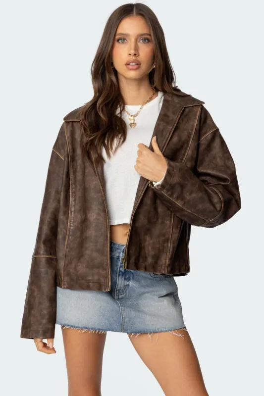Oversized Washed Faux Leather Jacket sold by Edikted