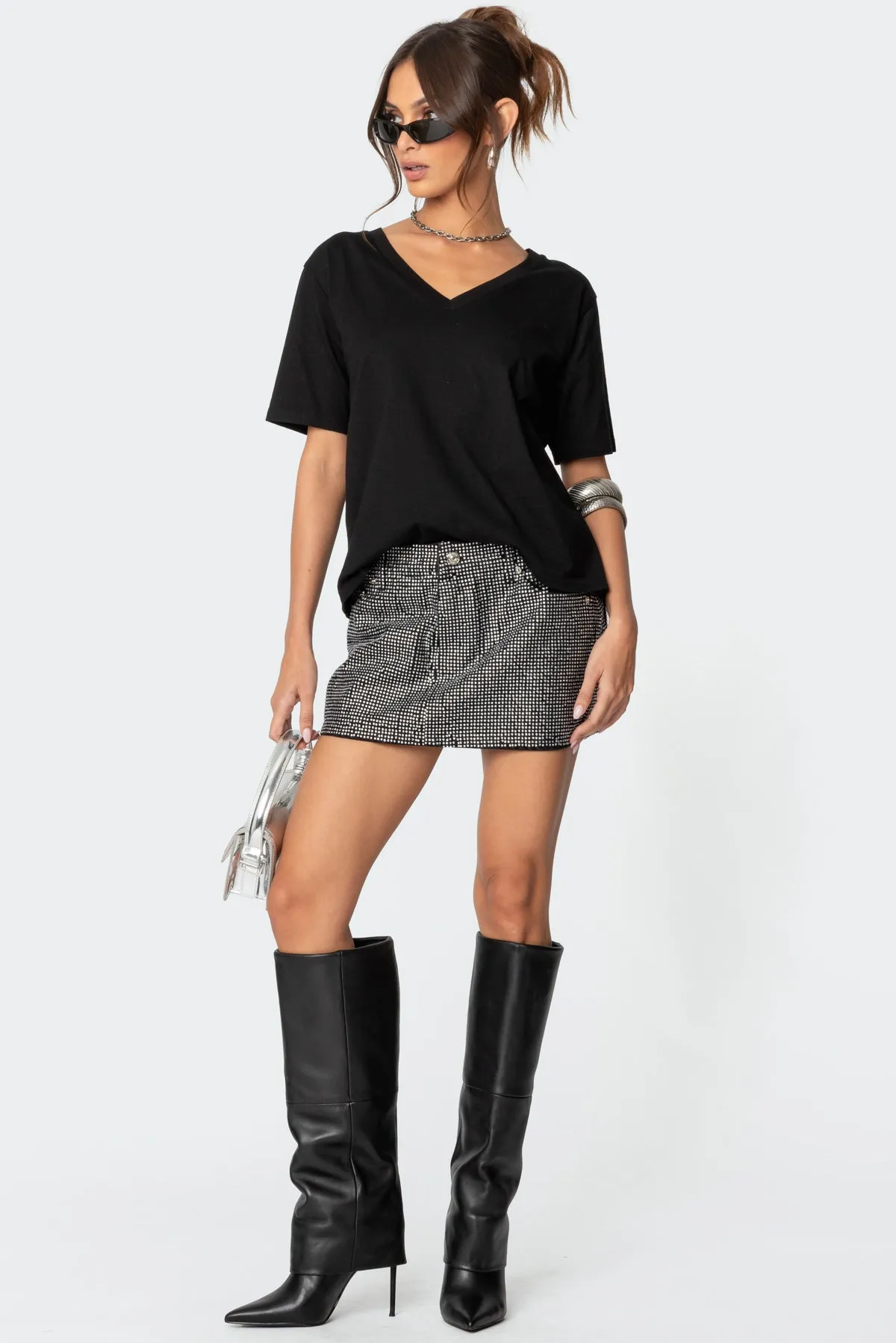 Glitz Rhinestone Denim Mini Skirt sold by Edikted