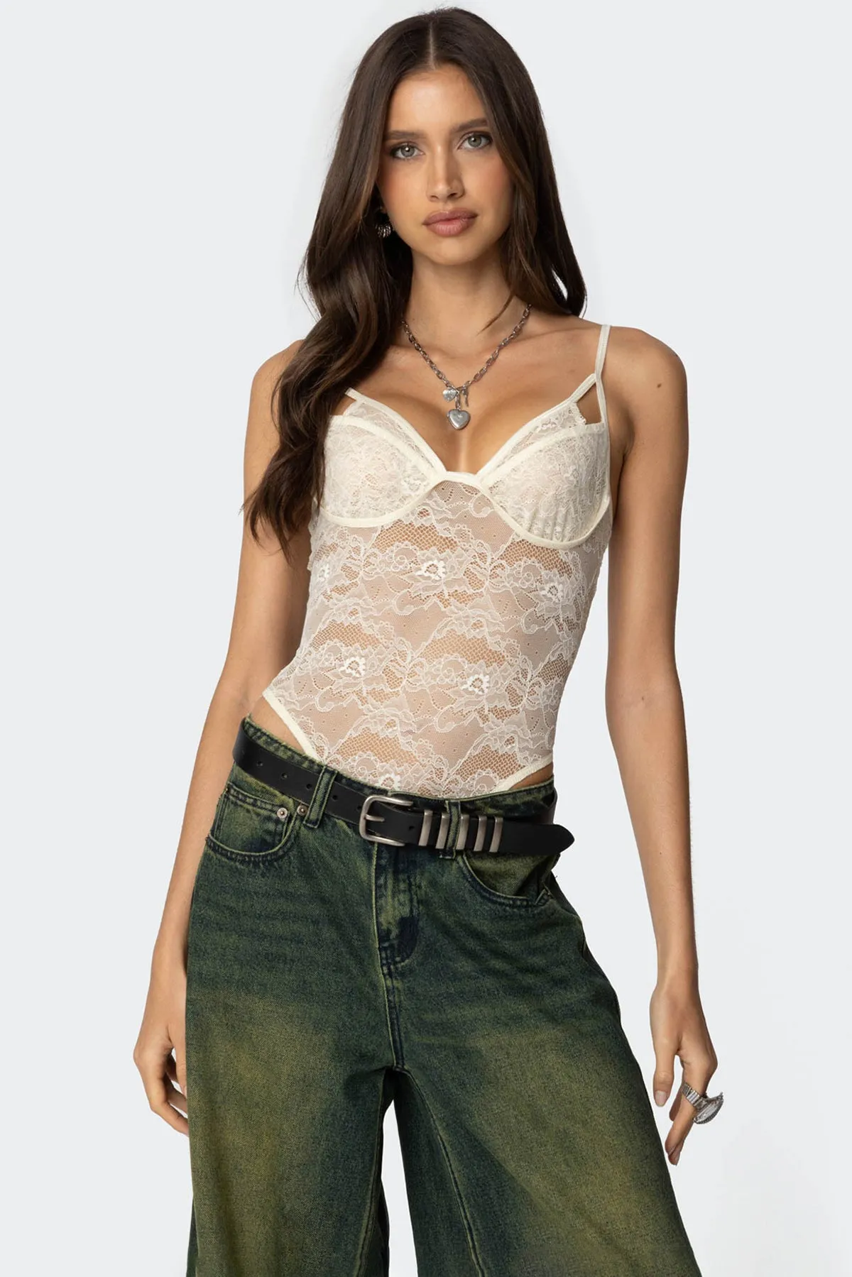 Strappy Sheer Lace Bodysuit sold by Edikted