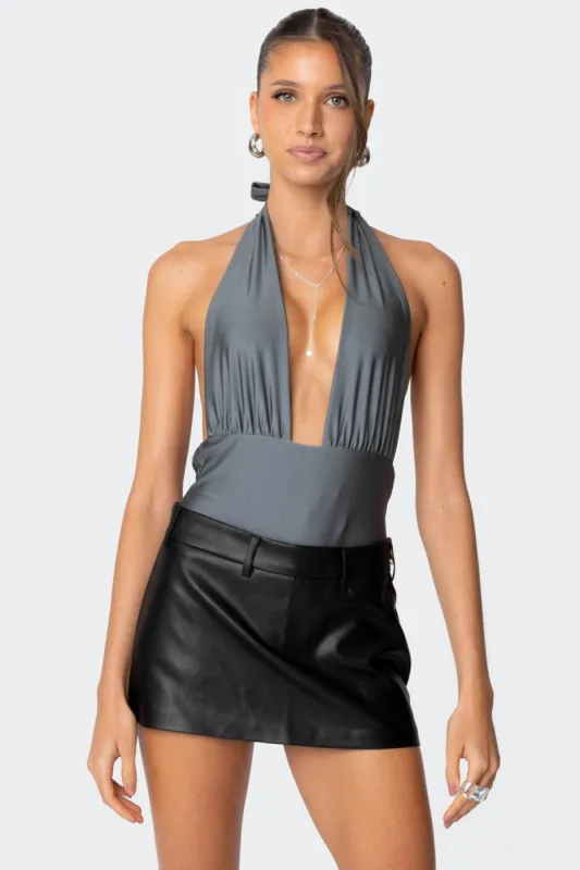 Justice Shiny Gathered Bodysuit sold by Edikted