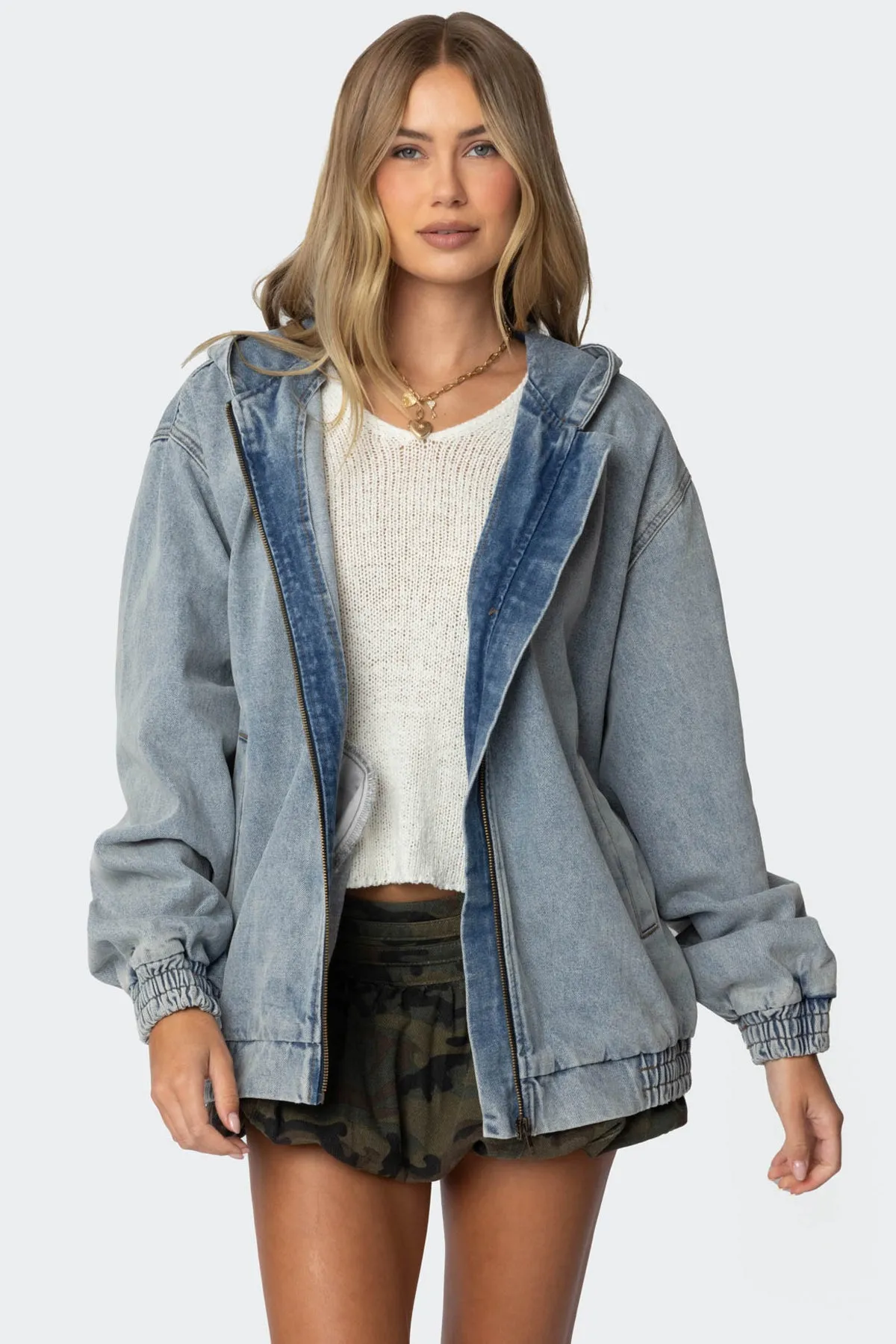 Hooded Vintage Washed Denim Bomber Jacket sold by Edikted product image thumbnail 2