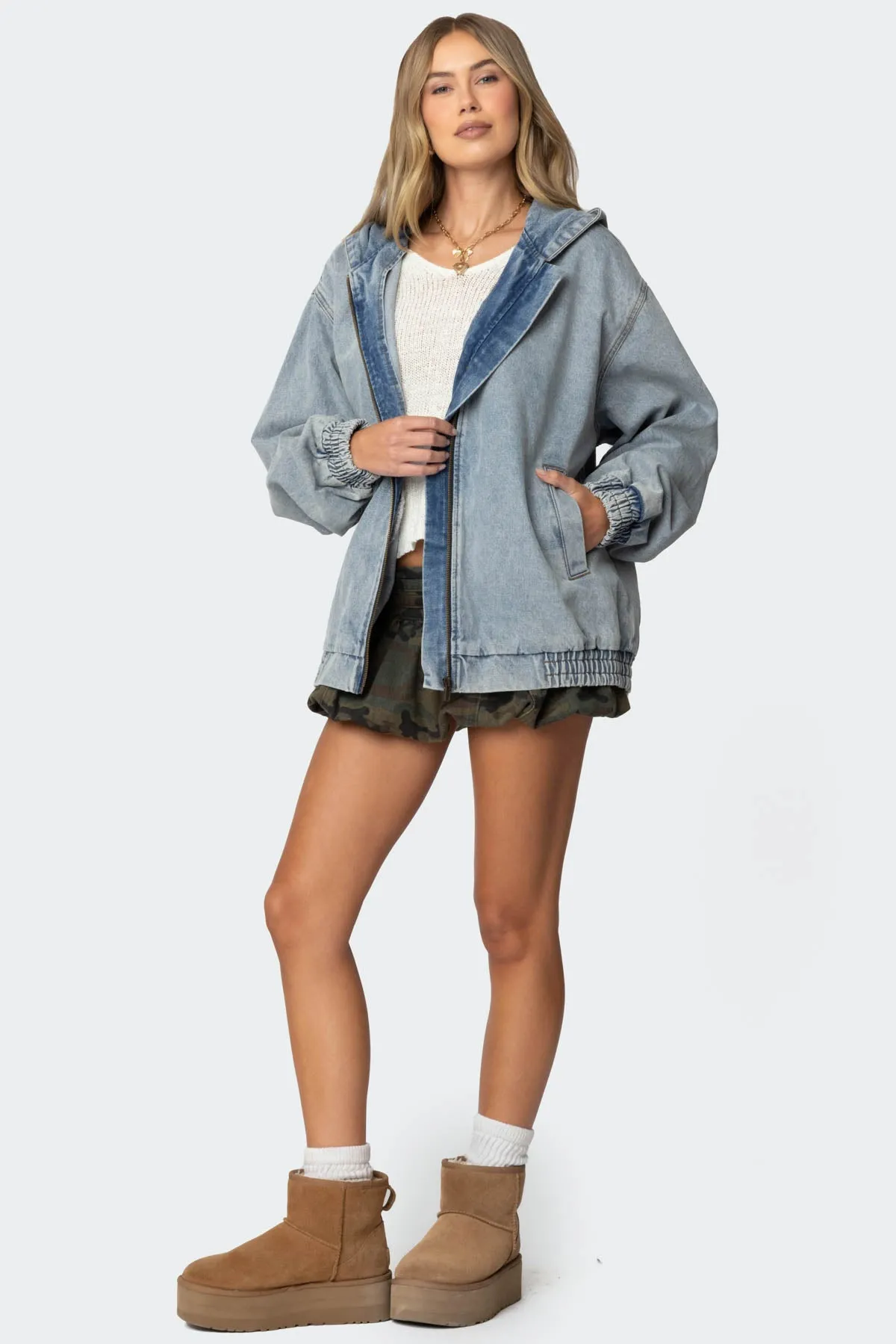 Hooded Vintage Washed Denim Bomber Jacket sold by Edikted product image thumbnail 3
