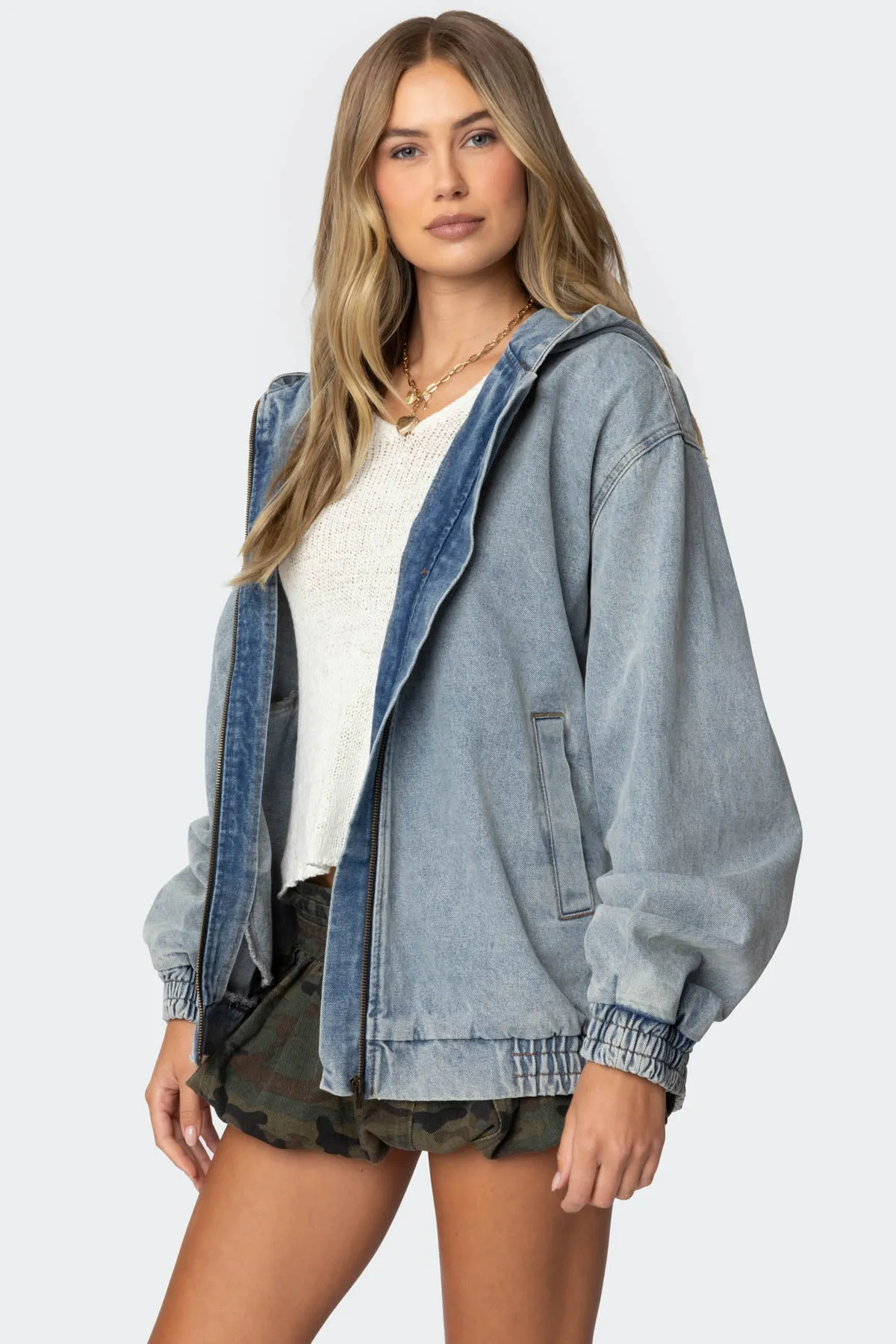 Hooded Vintage Washed Denim Bomber Jacket sold by Edikted product image thumbnail 4