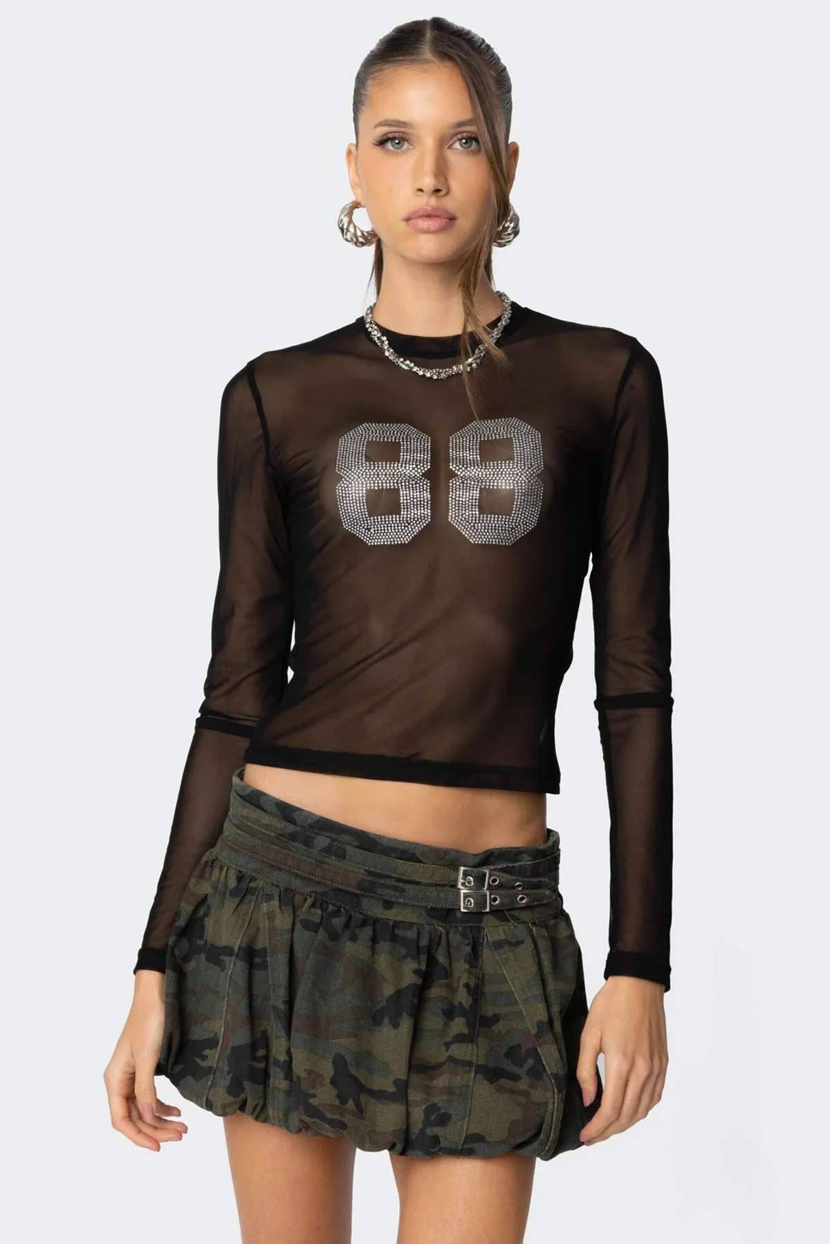 88 Rhinestone Sheer Mesh Top sold by Edikted