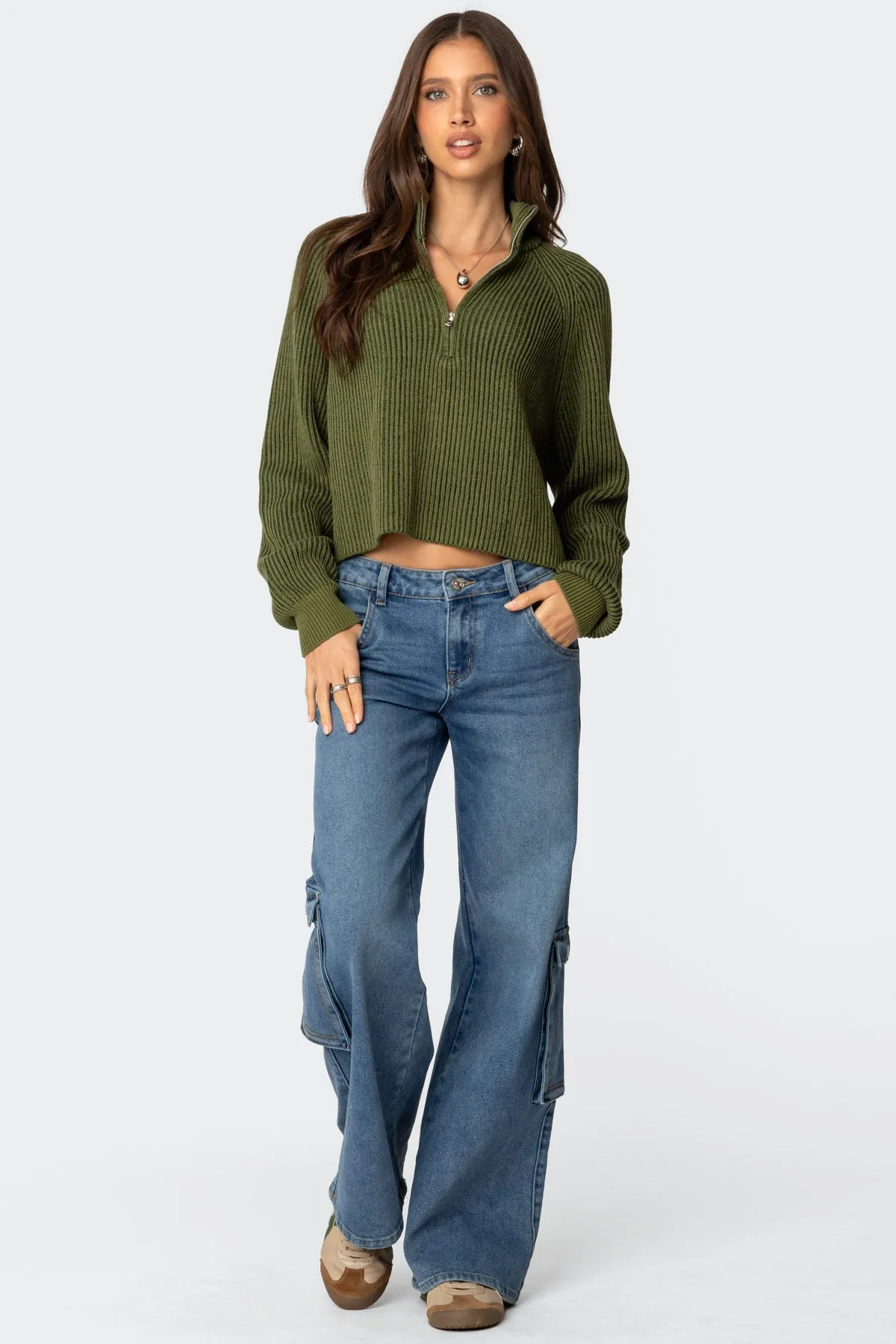 Cropped Rib Knit Half Zip Sweater sold by Edikted product image thumbnail 2