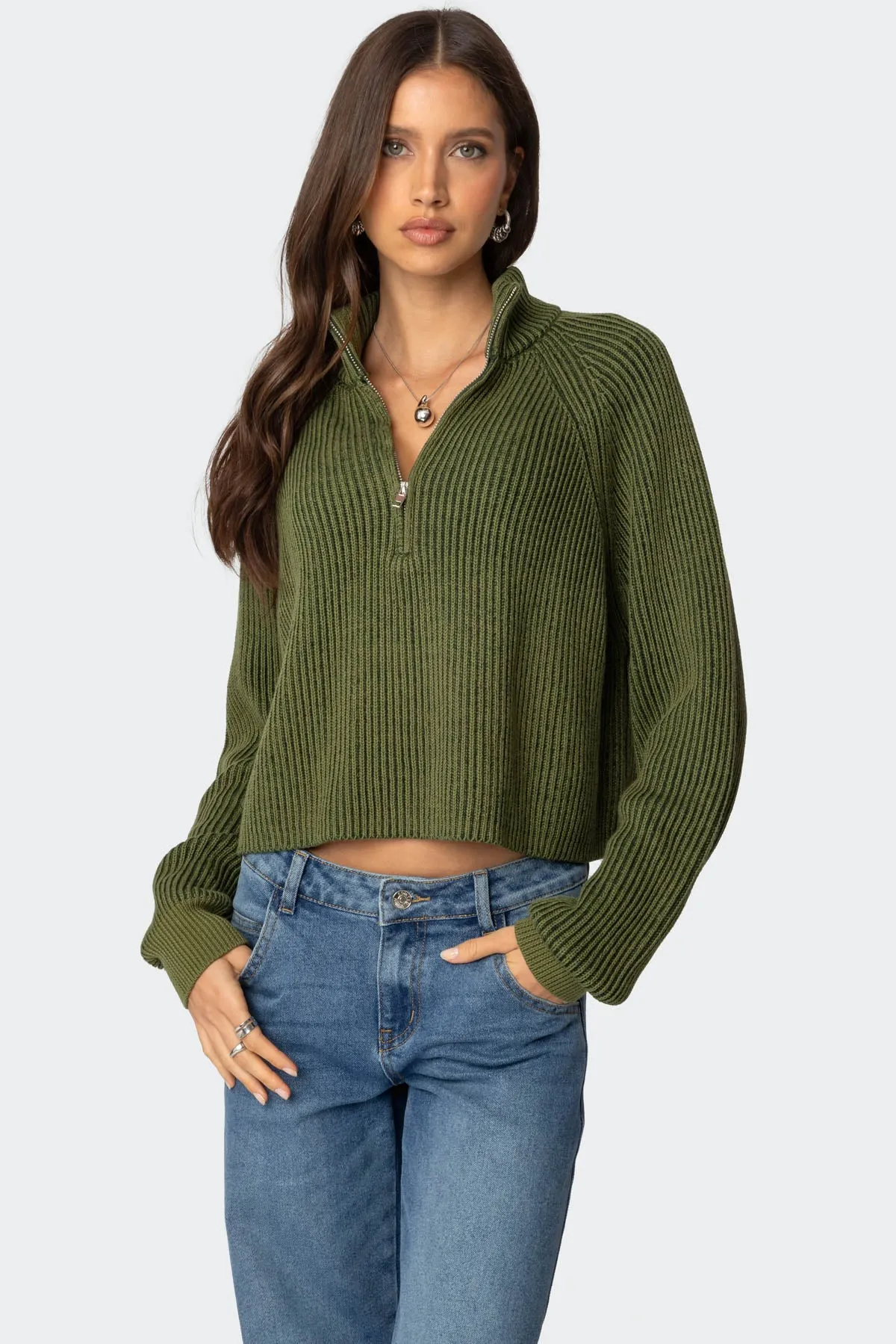 Cropped Rib Knit Half Zip Sweater sold by Edikted