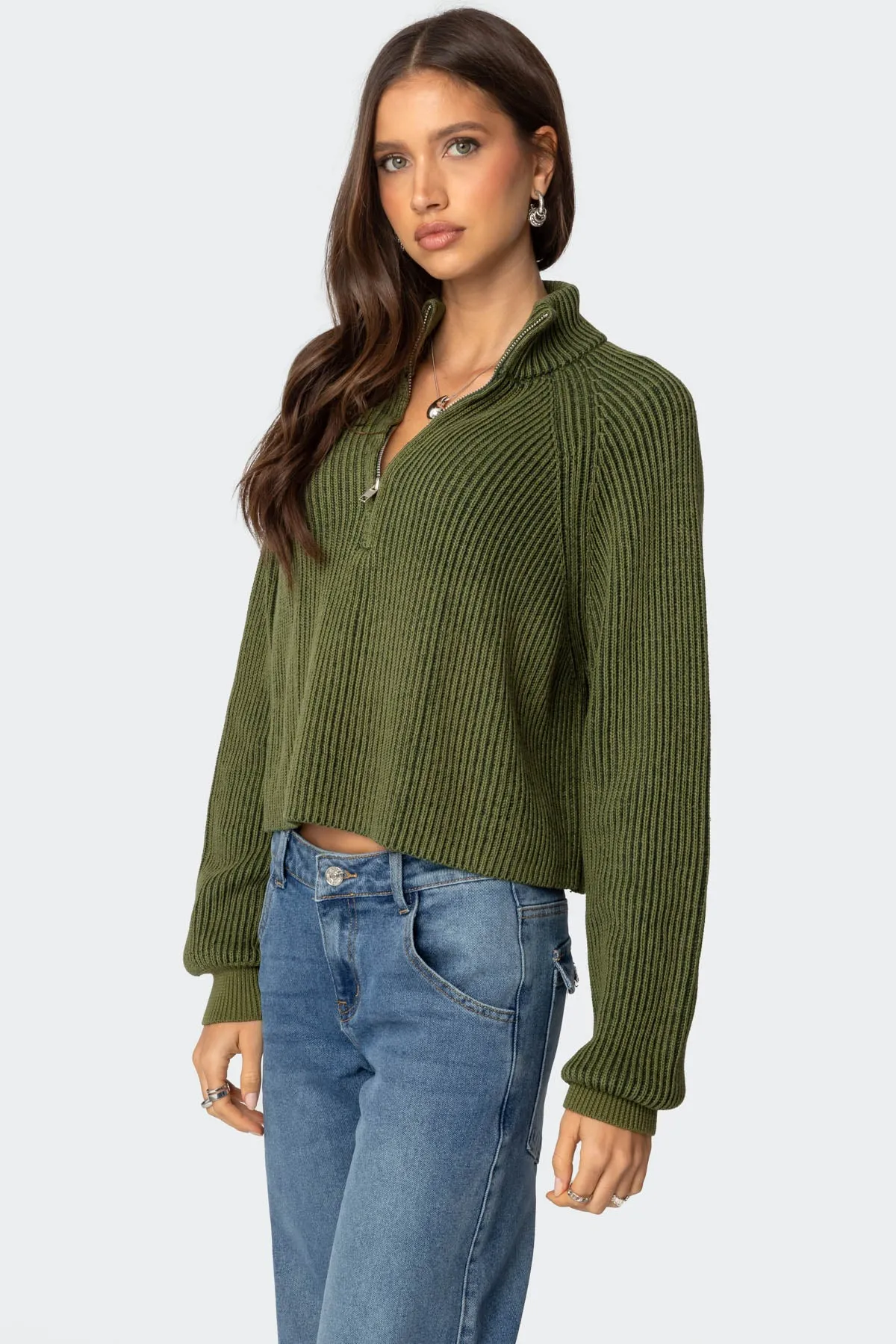 Cropped Rib Knit Half Zip Sweater sold by Edikted product image thumbnail 3