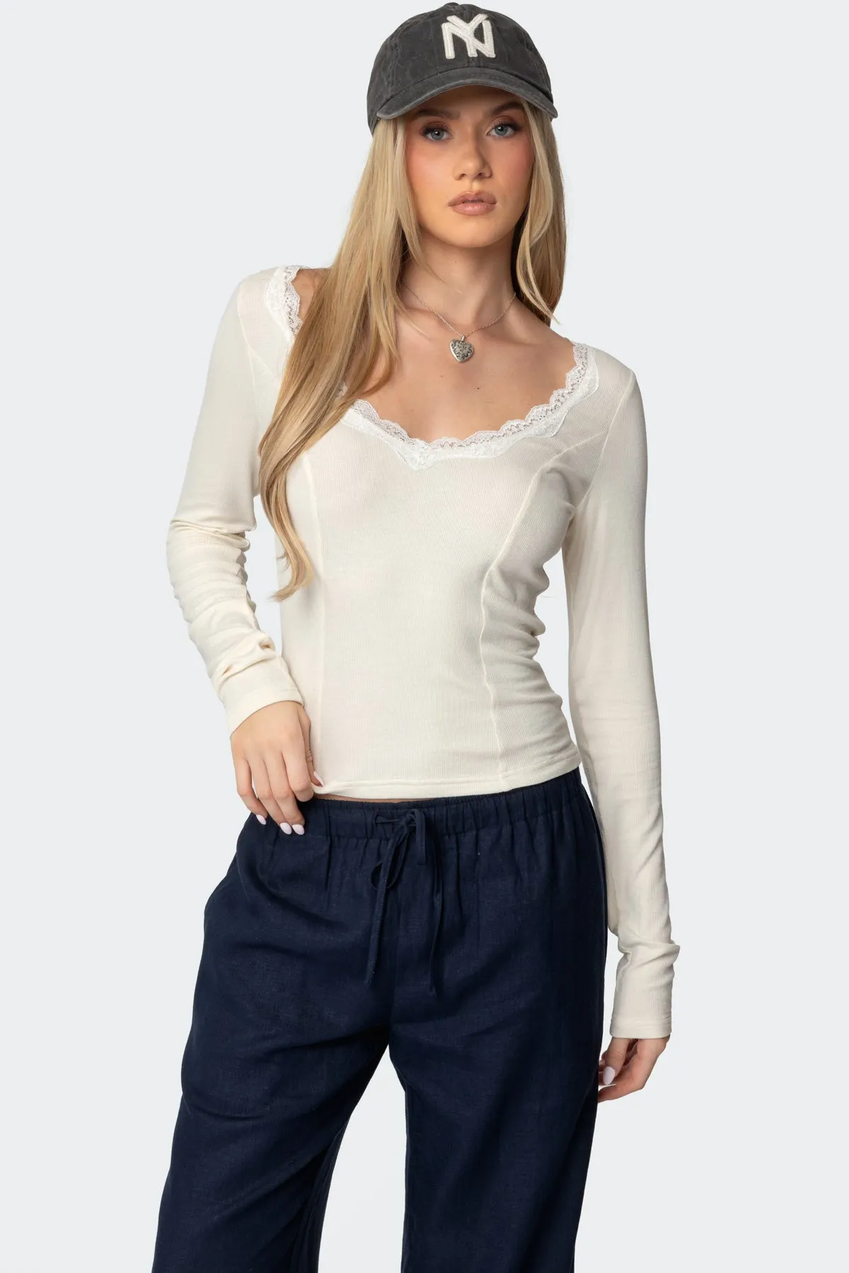 Mel Lace Trim V Neck Top sold by Edikted