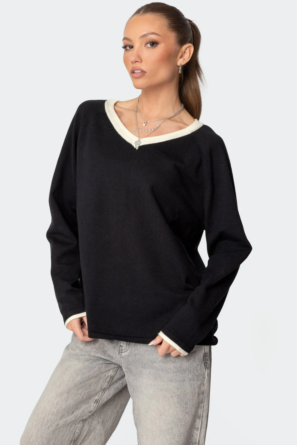 Contrast V Neck Knit Sweater sold by Edikted product image thumbnail 3