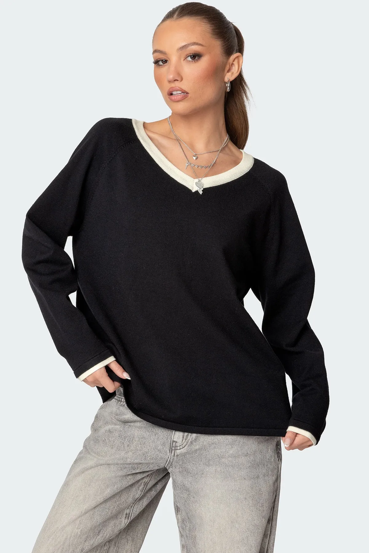 Contrast V Neck Knit Sweater sold by Edikted