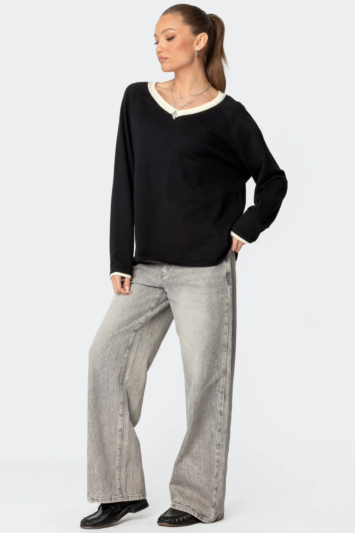 Contrast V Neck Knit Sweater sold by Edikted product image thumbnail 4