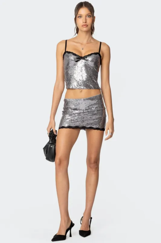 Revel Lace Trim Sequin Mini Skirt sold by Edikted