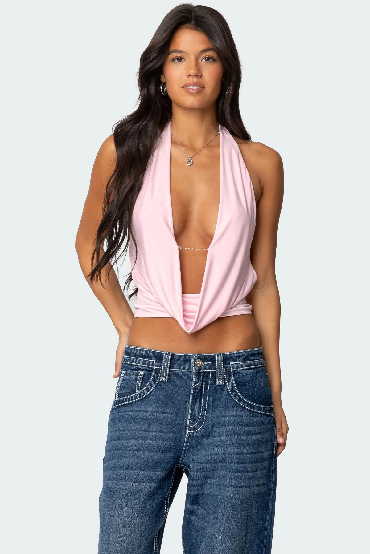 Deep Cowl Neck Open Back Top sold by Edikted