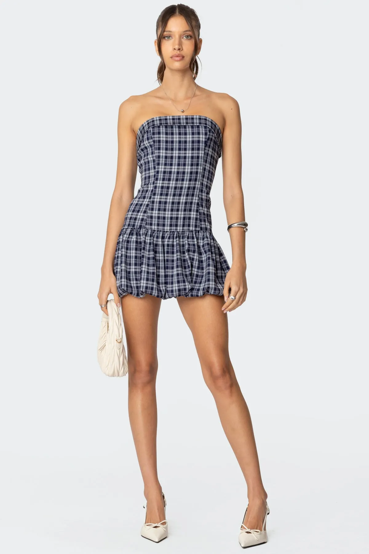 Plaid Strapless Bubble Mini Dress sold by Edikted