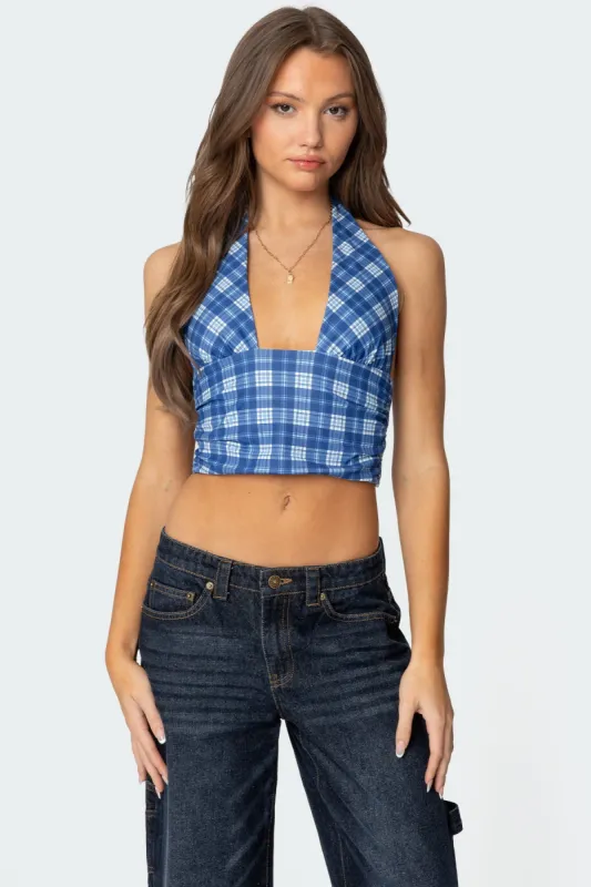 Plaid Printed Halter Top sold by Edikted