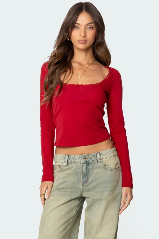 Mora Lace Trim Ribbed T Shirt sold by Edikted