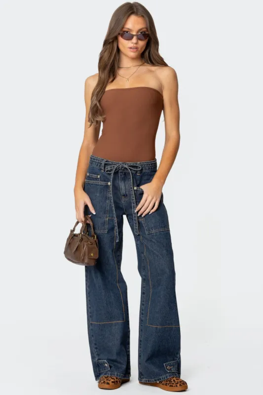 Loren Strapless Ribbed Bodysuit sold by Edikted