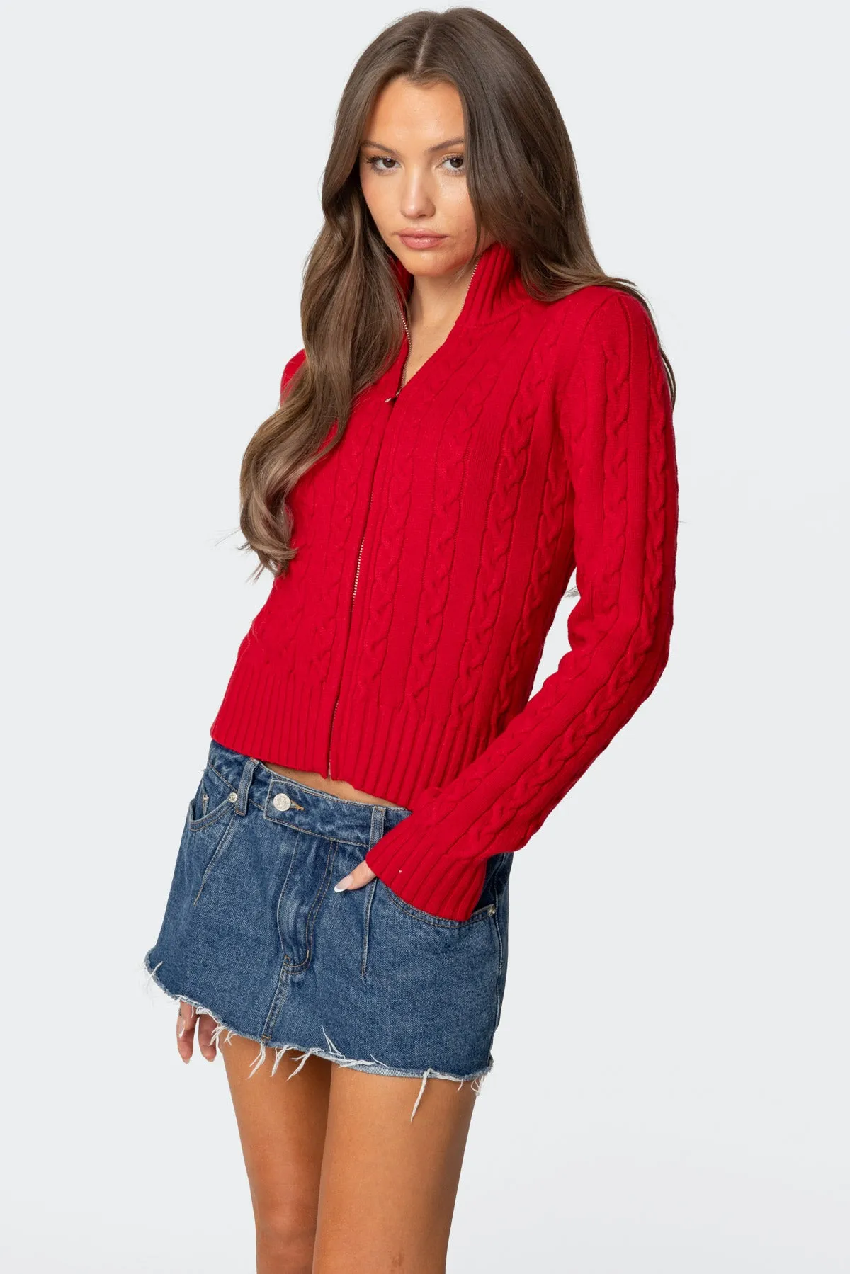 Ryn Zip Up Cable Knit Cardigan sold by Edikted product image thumbnail 3