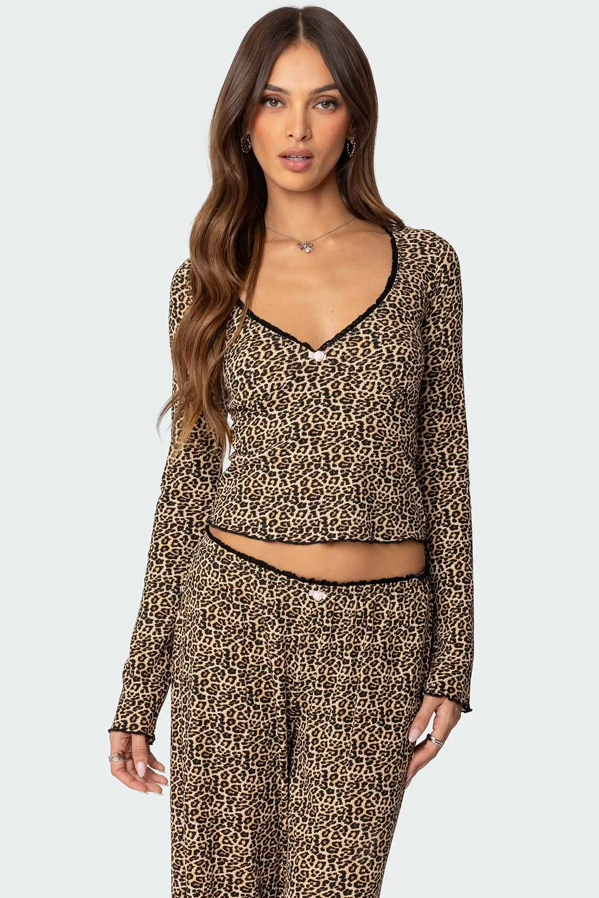 Lue Leopard Printed Ribbed V Neck Top sold by Edikted