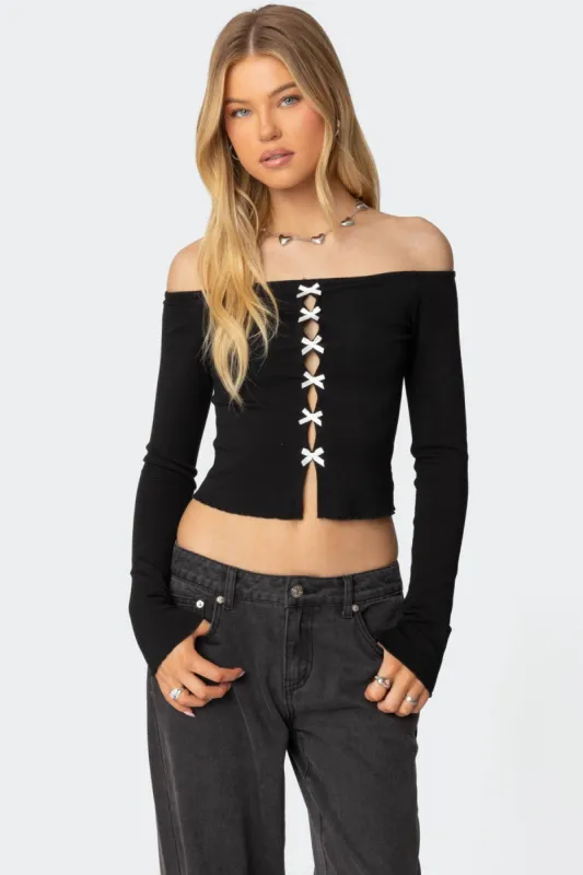 Contrast Bow Off Shoulder Top sold by Edikted