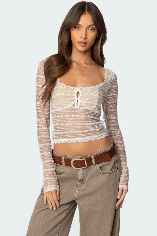 Heart & Bow Sheer Lace Top sold by Edikted