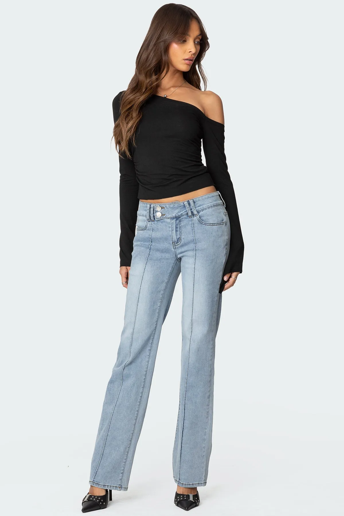 Avril Low Rise Bootcut Jeans sold by Edikted