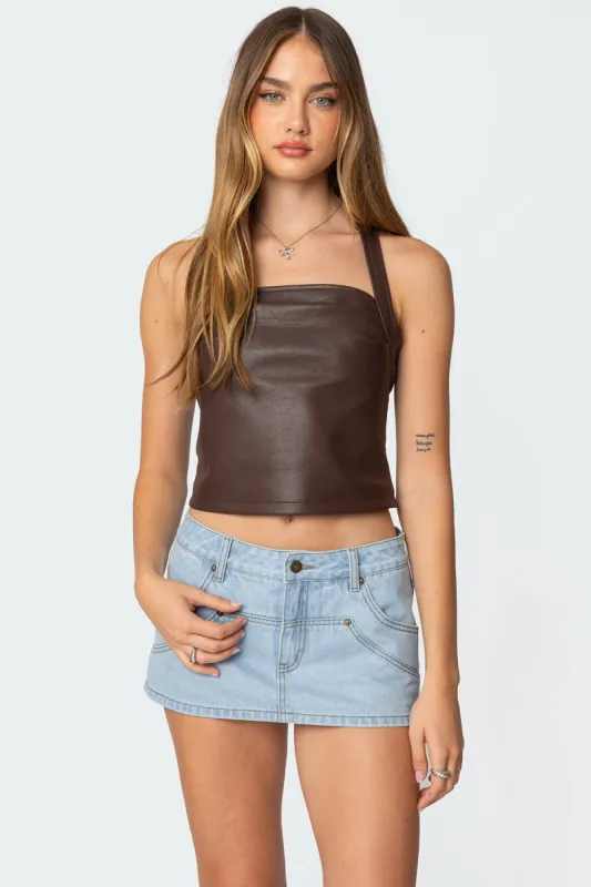 Draped Faux Leather Halter Top sold by Edikted