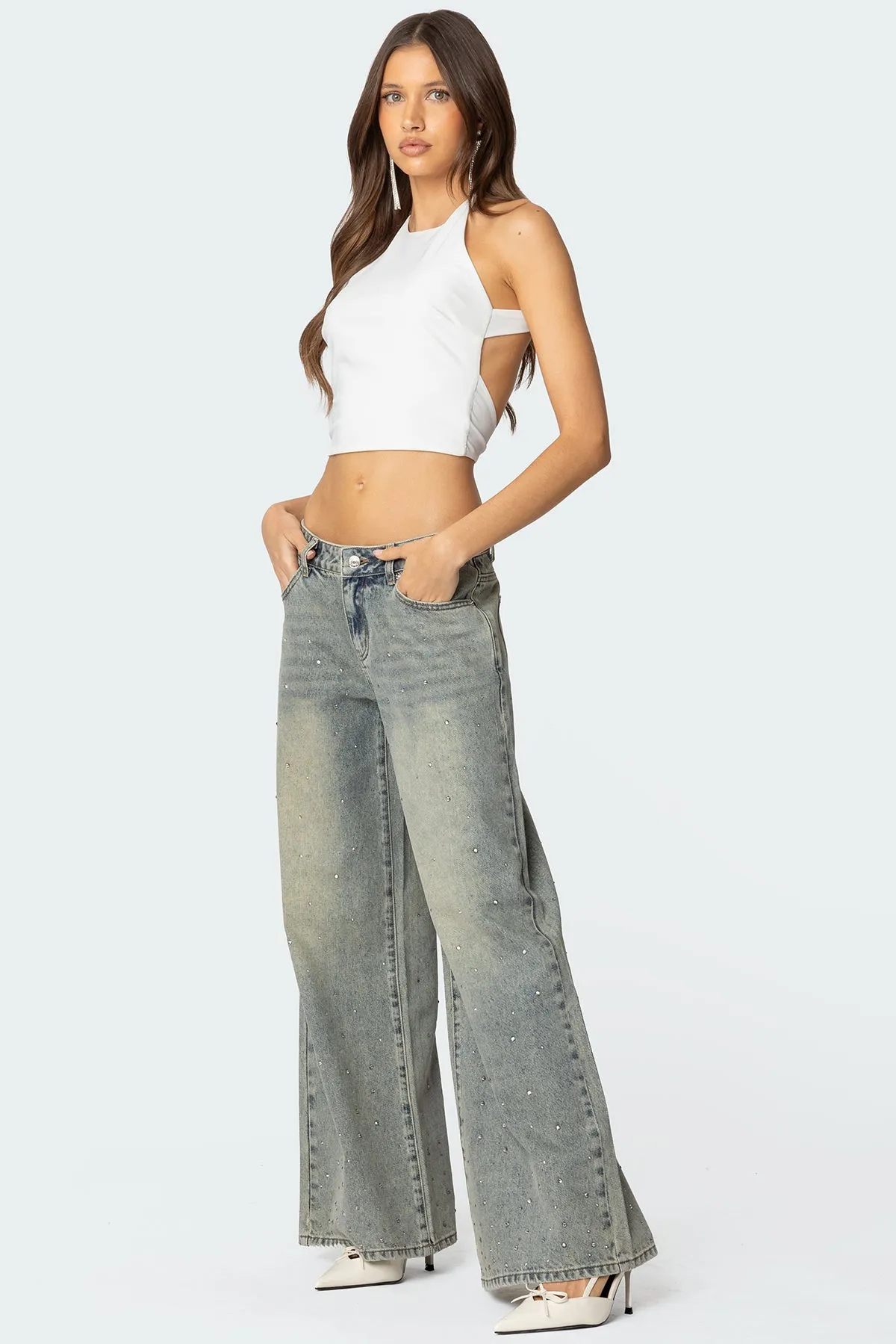 Rhinestone Washed Low Rise Baggy Jeans sold by Edikted product image thumbnail 3