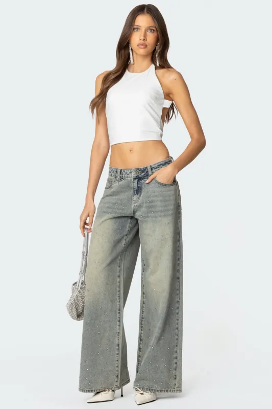 Rhinestone Low Rise Washed Jeans sold by Edikted