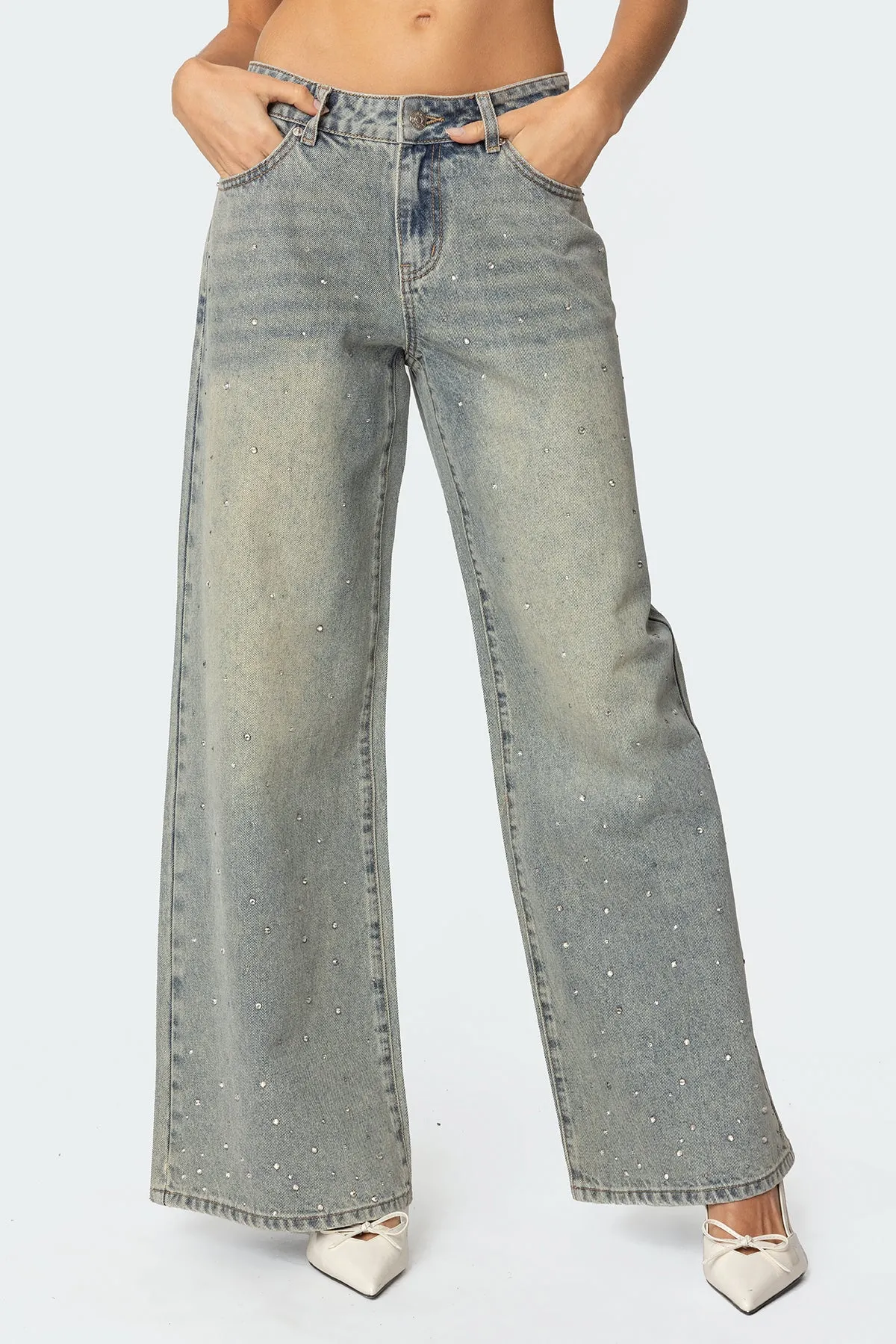 Rhinestone Washed Low Rise Baggy Jeans sold by Edikted product image thumbnail 2