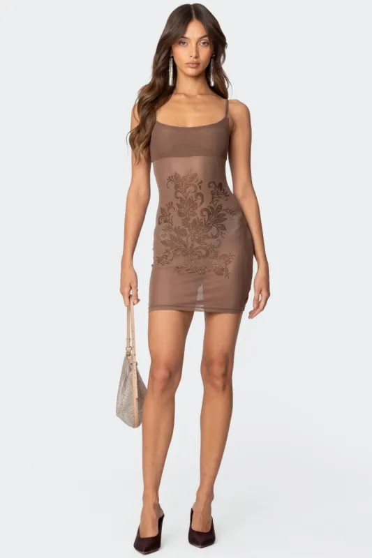 Flora Rhinestone Mesh Mini Dress sold by Edikted