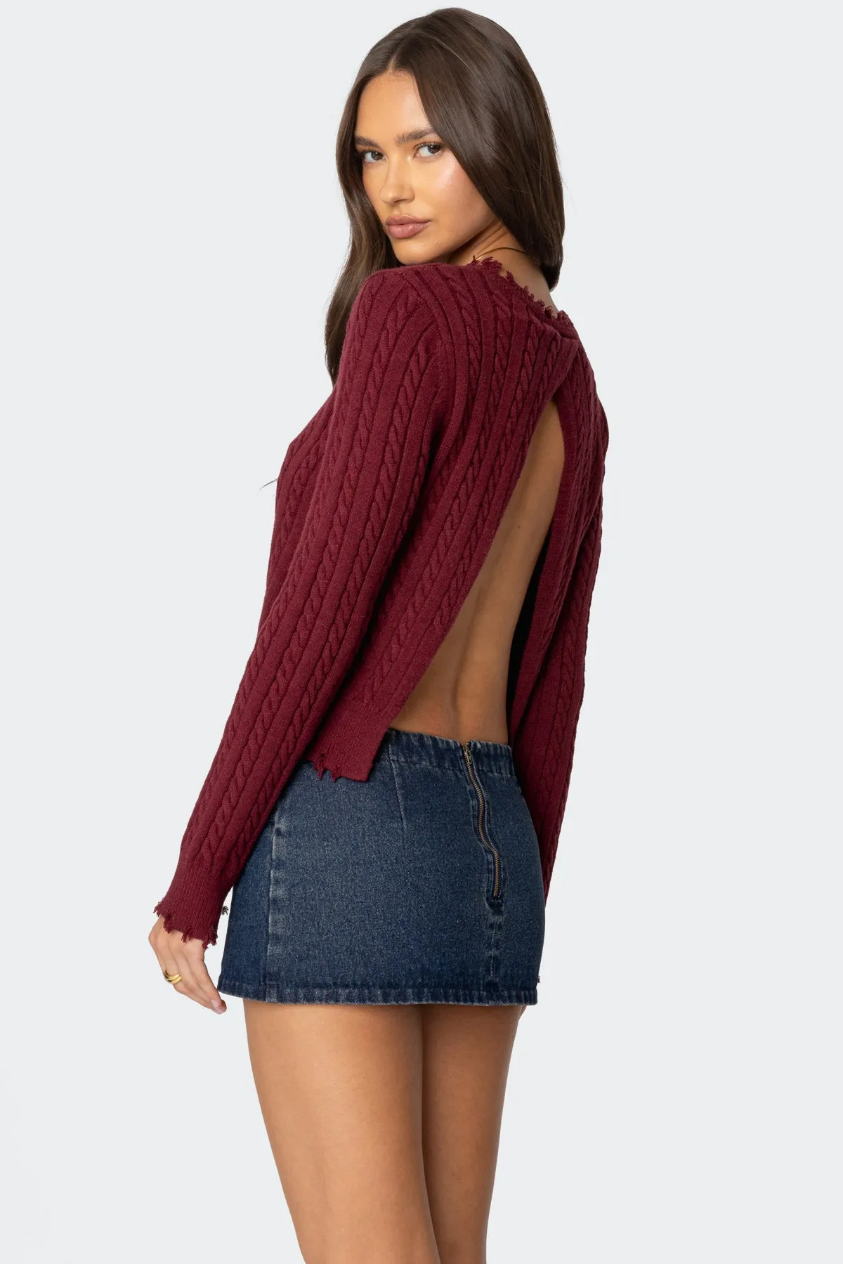 Split Open Back Cable Knit Sweater sold by Edikted