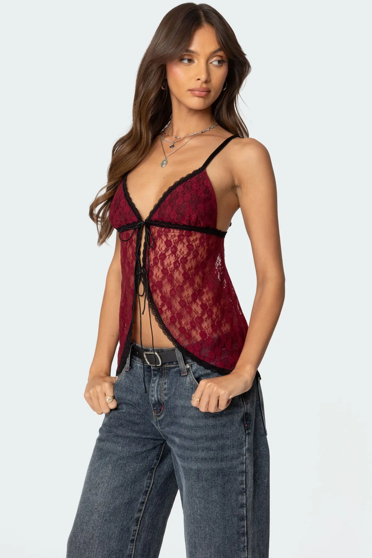 Maude Tie Front Sheer Lace Top sold by Edikted product image thumbnail 3