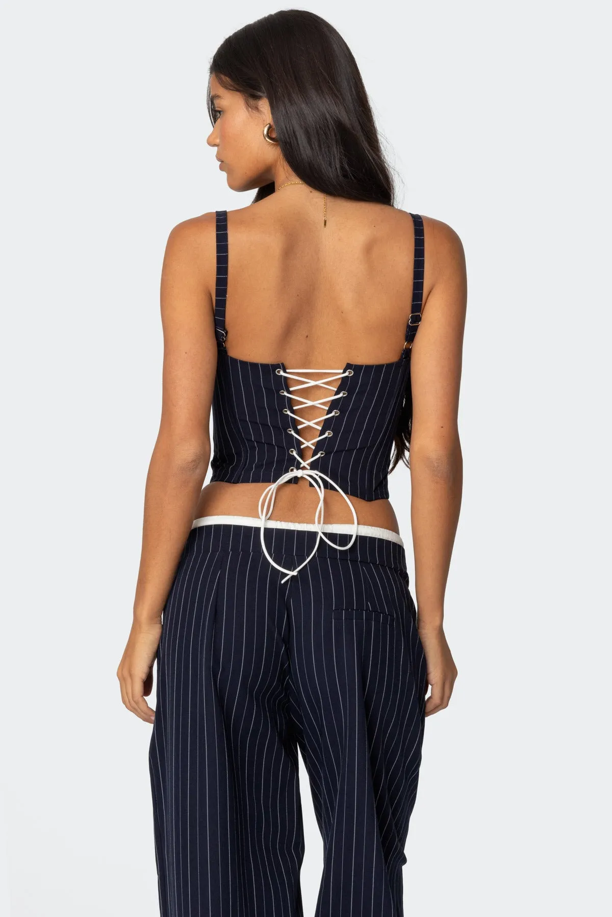 Pinstripe Peekaboo Drawstring Corset sold by Edikted product image thumbnail 4