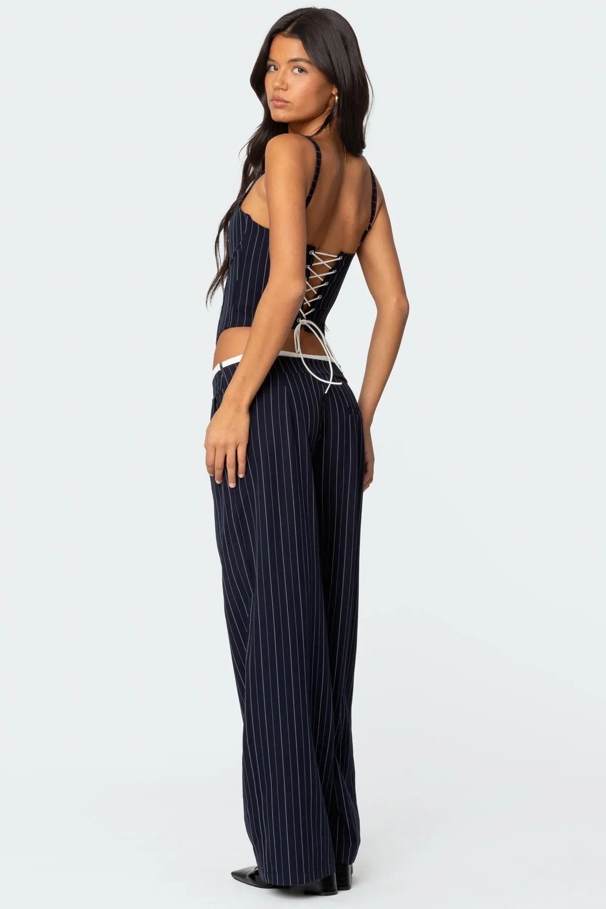 Pinstripe Peekaboo Drawstring Corset sold by Edikted product image thumbnail 2