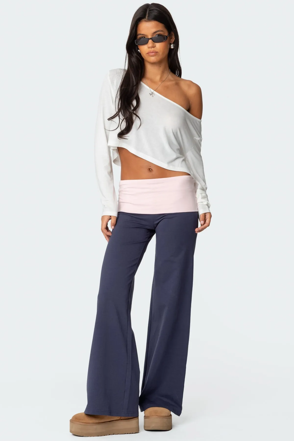 Wide Leg Contrast Fold Over Pants sold by Edikted